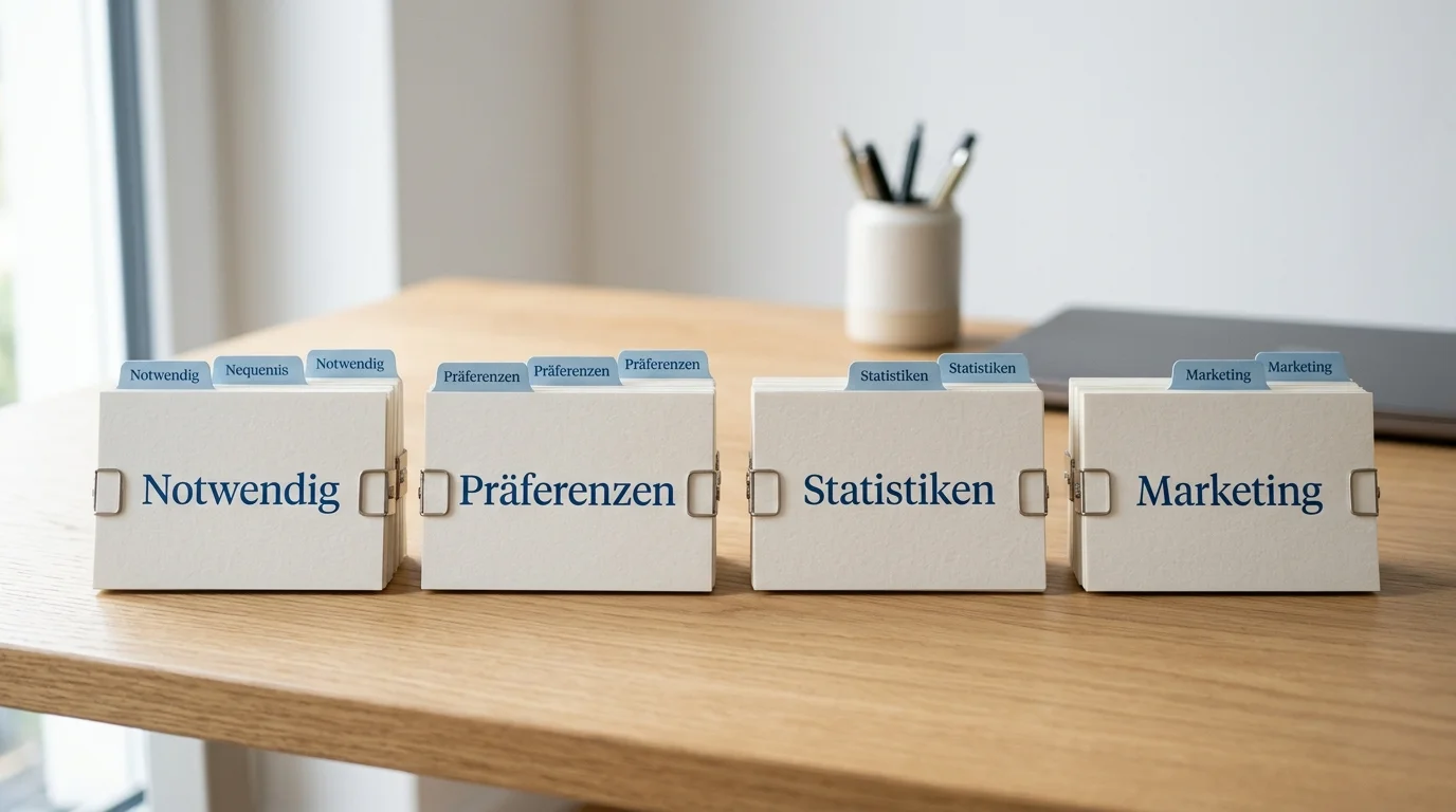 Übersichtliche Anordnung kleiner Karteikarten als Sinnbild für verschiedene Cookie-Kategorien und ihre Verwaltung