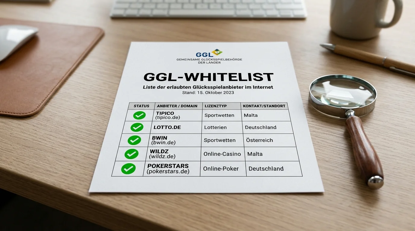 Stilisierte amtliche Liste mit Prüfhaken als Sinnbild für die Whitelist der deutschen Glücksspielbehörde