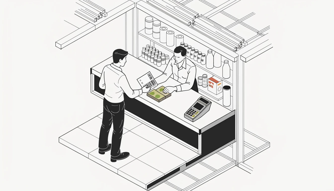 Kunde bezahlt an einer deutschen Ladenkasse mit Bargeld und Barcode-Voucher