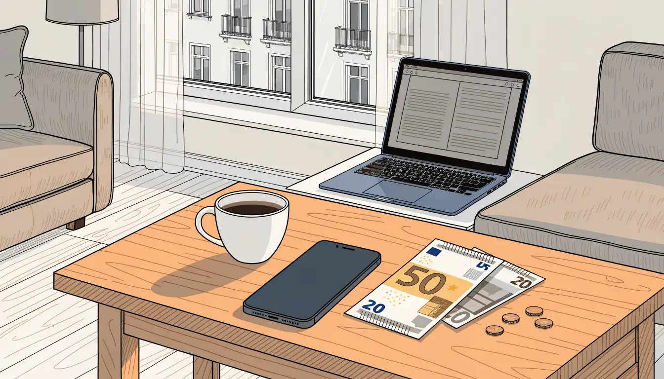 Smartphone auf dem Couchtisch mit Geldscheinen und Kaffeetasse.