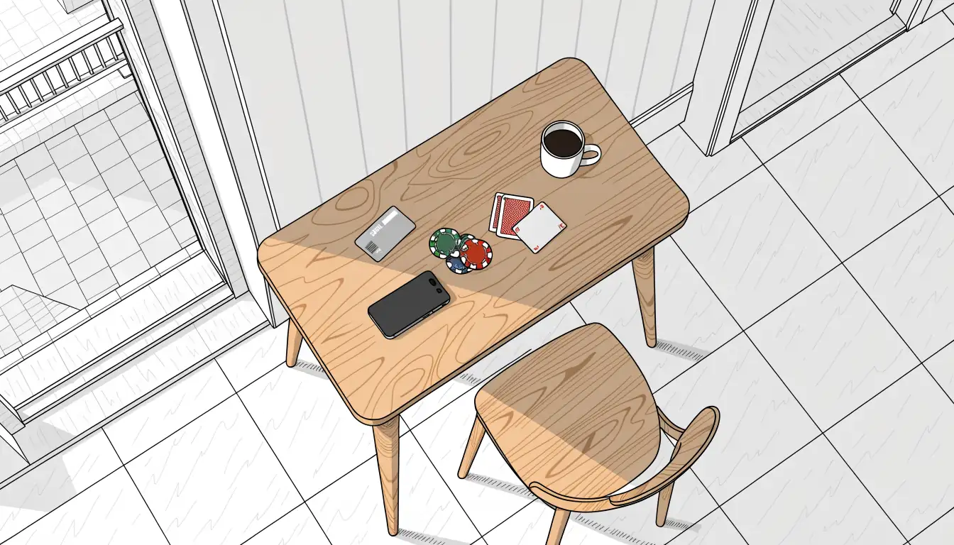 Schreibtisch in deutscher Wohnung mit Smartphone, Zahlungskarte, Casino-Chips und Spielkarten.