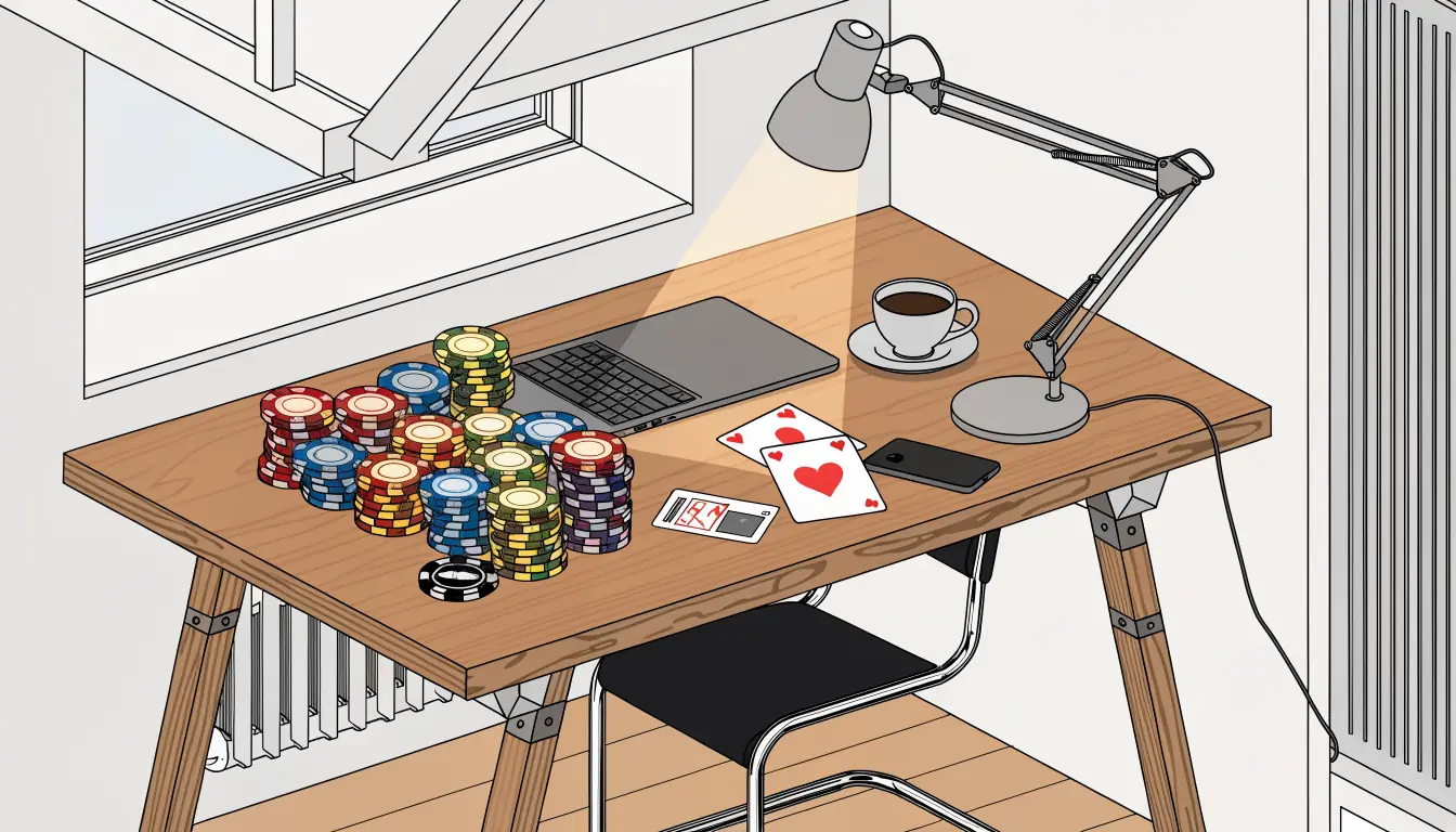 Holztisch mit Casino-Chips, Spielkarten, Smartphone und Bankkarte in modernem deutschen Apartment bei warmem Lampenlicht.