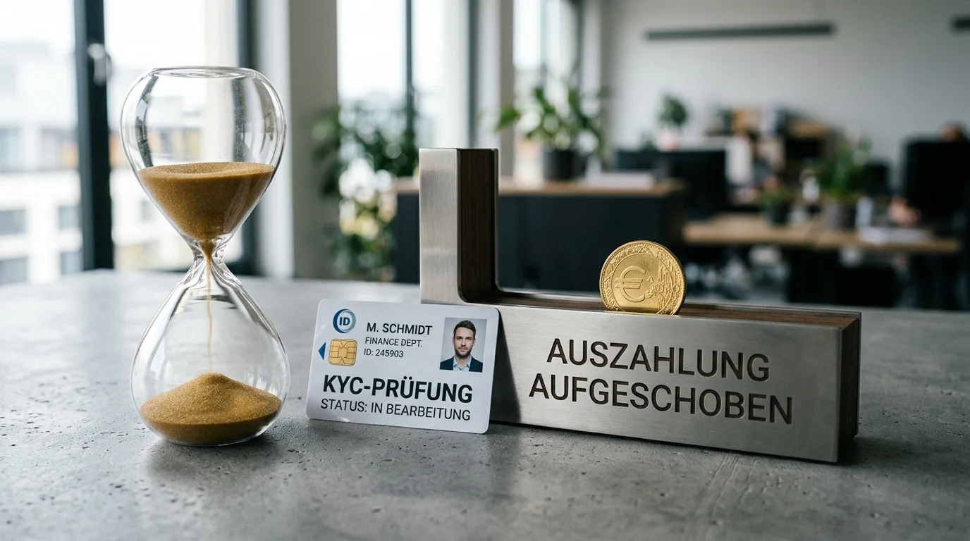 Sanduhr neben einem Ausweisumriss und einem Auszahlungssymbol als Sinnbild für aufgeschobene Verifizierung
