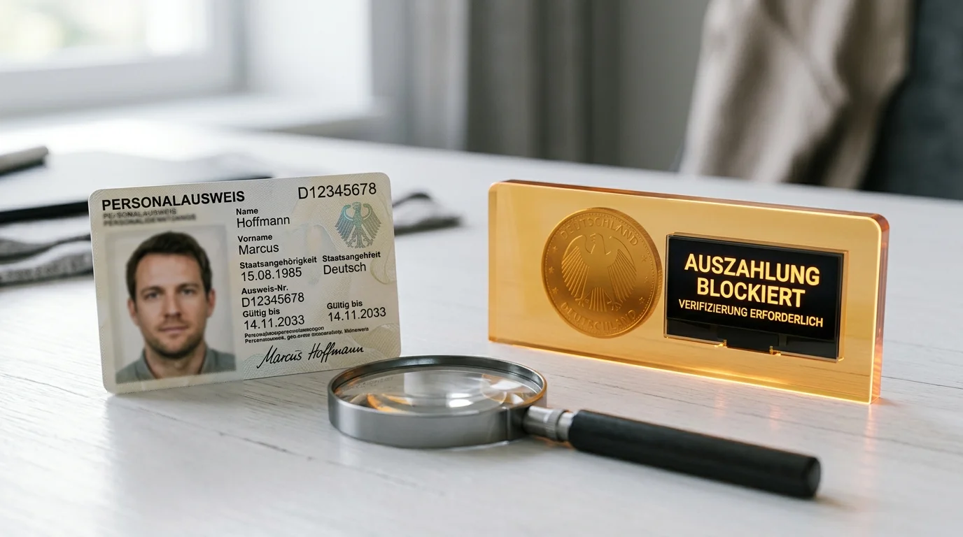Ausweisdokument und Lupe vor einem blockierten Auszahlungssymbol als Sinnbild für verzögerte Verifizierung