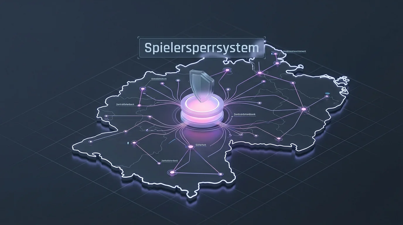 Abstrakte Darstellung des bundesweiten Spielersperrsystems mit vernetzten Datenknoten