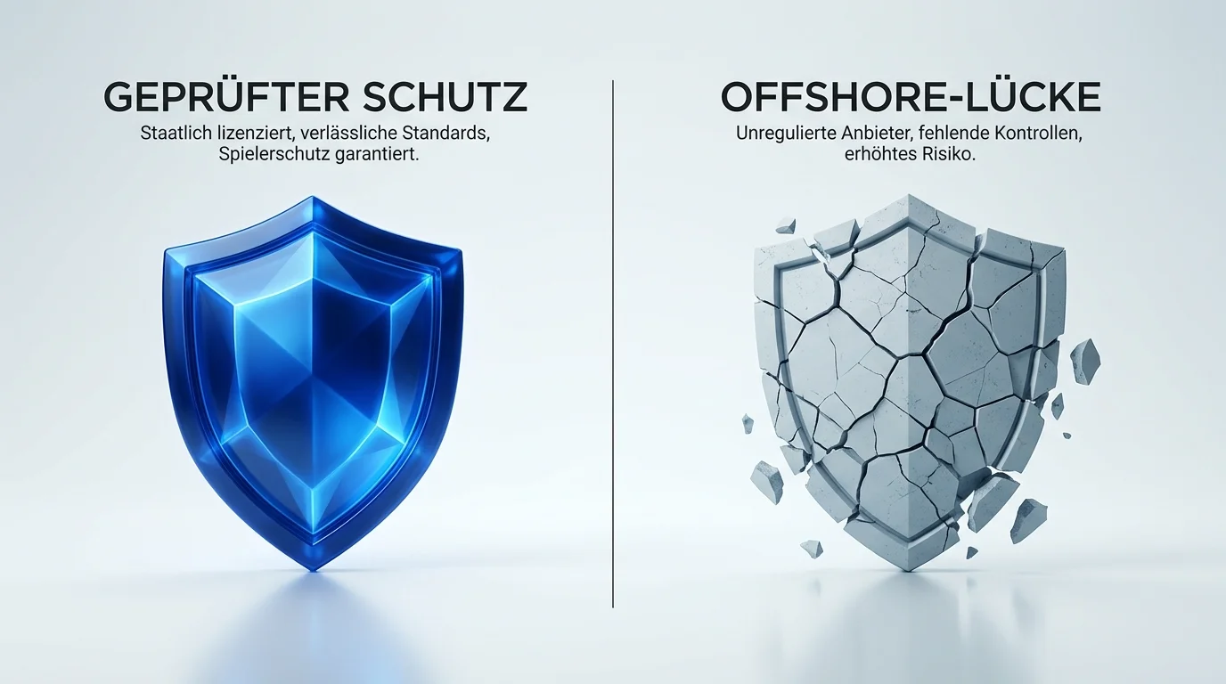 Gegenüberstellung von Schutzsymbolen und Lücken als Sinnbild für fehlende Spielerschutzmechanismen bei Offshore-Anbietern
