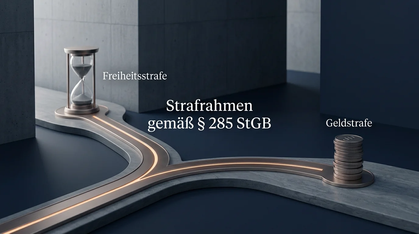 Visualisierung des Strafrahmens nach § 285 StGB mit Freiheitsstrafe und Geldstrafe als zwei Optionen