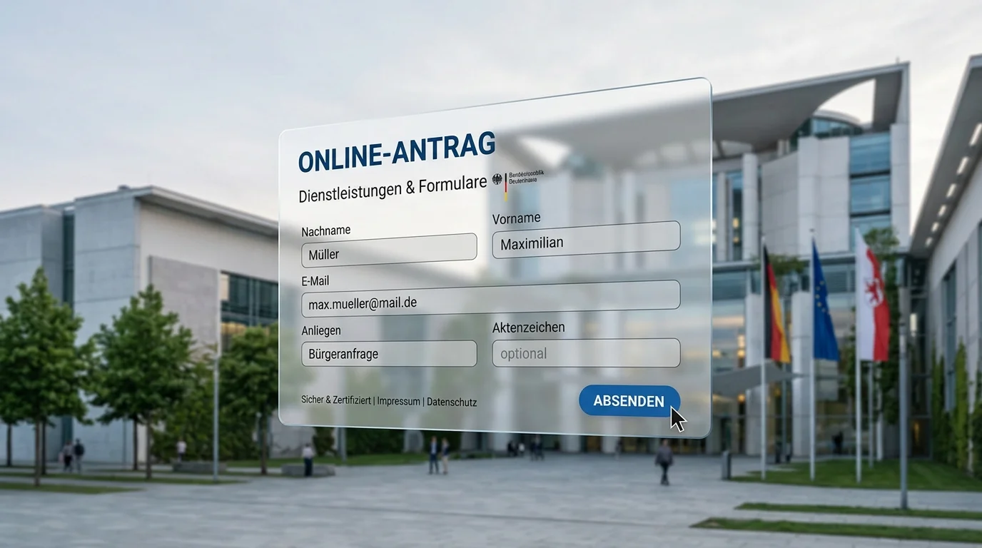 Behördengebäude-Silhouette mit digitalem Formularsymbol als Sinnbild für den Online-Antrag beim Regierungspräsidium