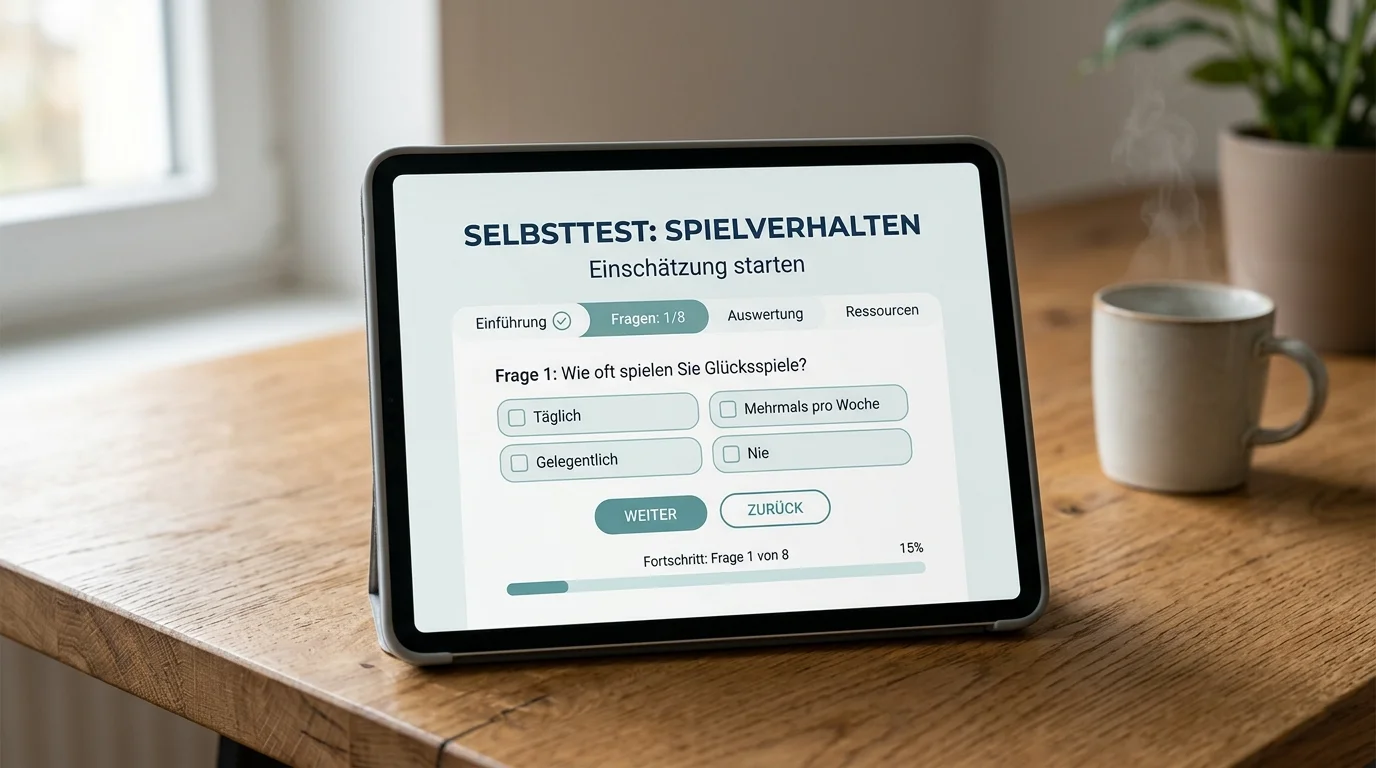 Ruhige Bildschirmoberfläche mit Fragebogen-Andeutung als Sinnbild für einen Selbsttest zum Spielverhalten