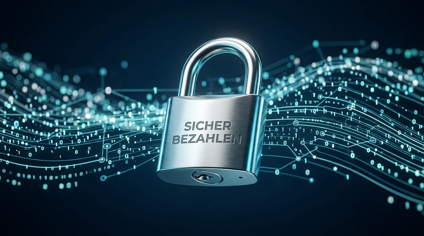 Geschlossenes Vorhängeschloss vor abstraktem Datenstrom als Sinnbild für SSL-Verschlüsselung und Zahlungssicherheit