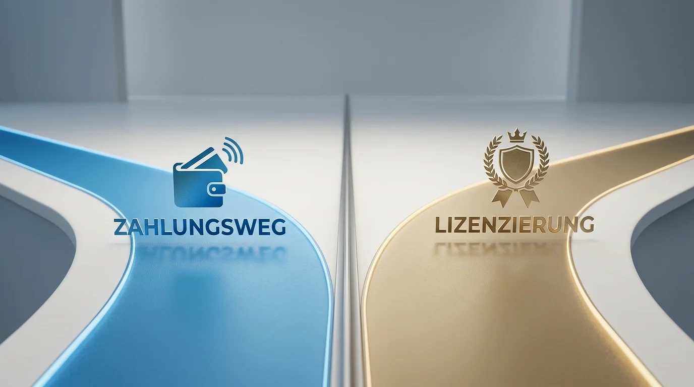 Zwei getrennte Pfade mit Zahlungssymbol und Lizenzsiegel als Sinnbild für die Trennung von Zahlungsweg und Erlaubnis